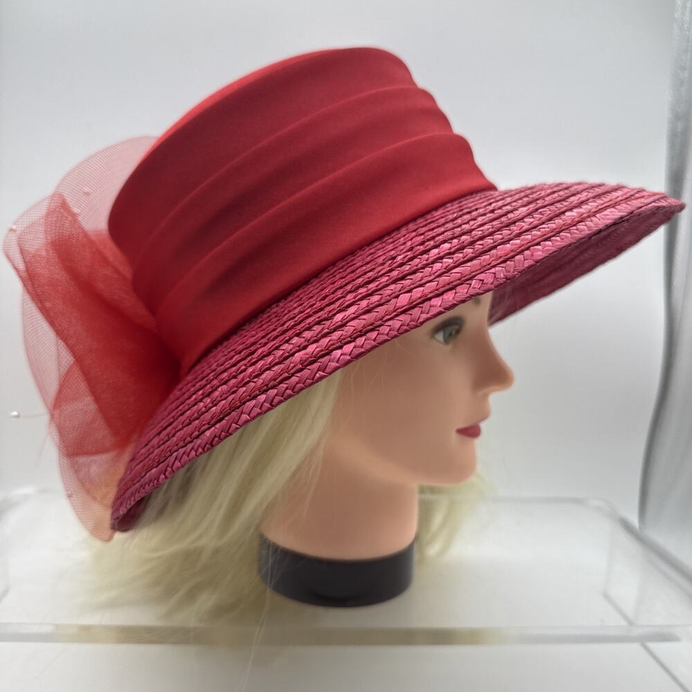 Red Straw and Satin Hat Large Brim Floral Mesh Accent - Red Hat Society - Derby